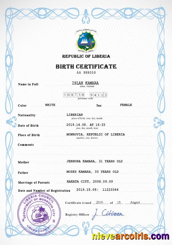 Liberia vital record birth certificate